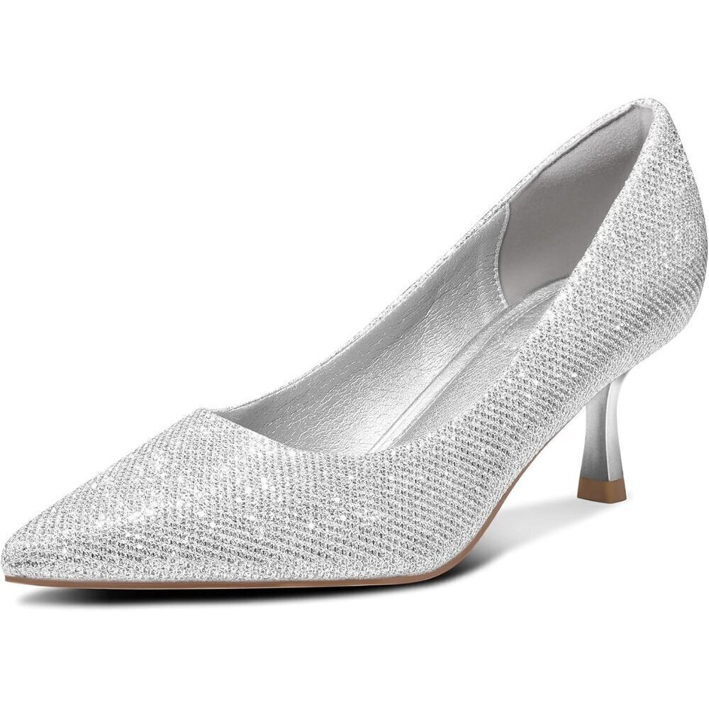 🆕Women's Silver Pumps 2 inch Kitten Heel Pointed Toe Low Heel Dress Shoes